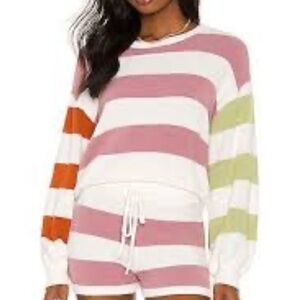 L Space Striped Sequoia Sweater Womens Balloon Sleeves Soft Pastel Sz S